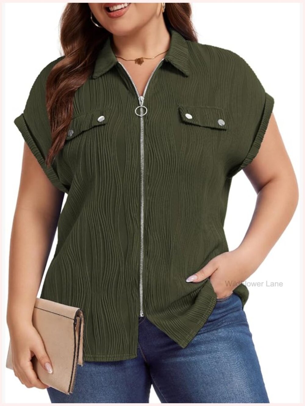 Plus Size Short Sleeve Zip Front V Neck Blouse Summer Work Top Loose Office